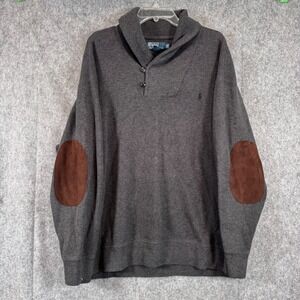 Polo Ralph Lauren Mens Pullover Sweater 2XB Grey Cowl Shawl Neck Elbow Pads Vtg